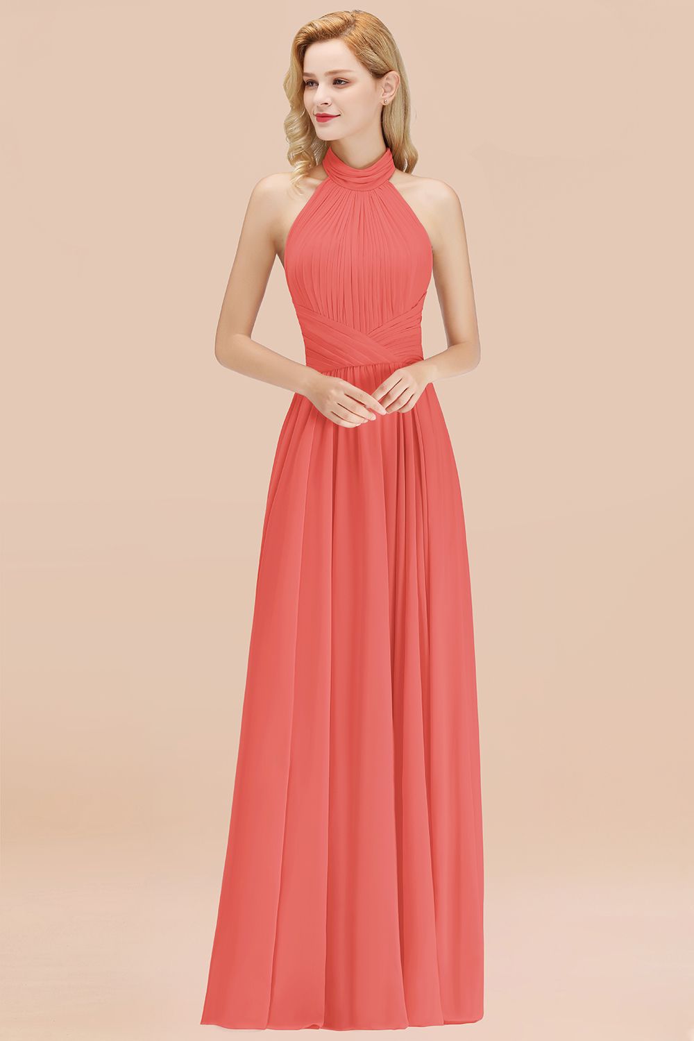 Gorgeous High-Neck Halter Backless Bridesmaid Dresses Dusty Rose Chiffon Maid of Honor Dress - Fashionpara
