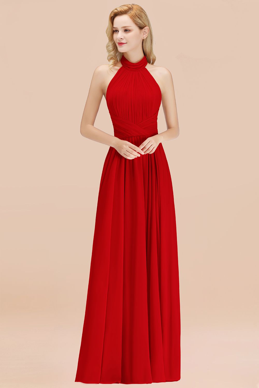 Gorgeous High-Neck Halter Backless Bridesmaid Dresses Dusty Rose Chiffon Maid of Honor Dress - Fashionpara