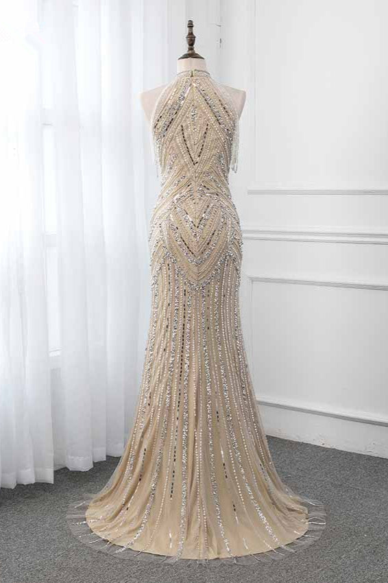 Gorgeous High-Neck Sleeveless Mermaid Prom Dresses with Rhinestoes - Fashionpara