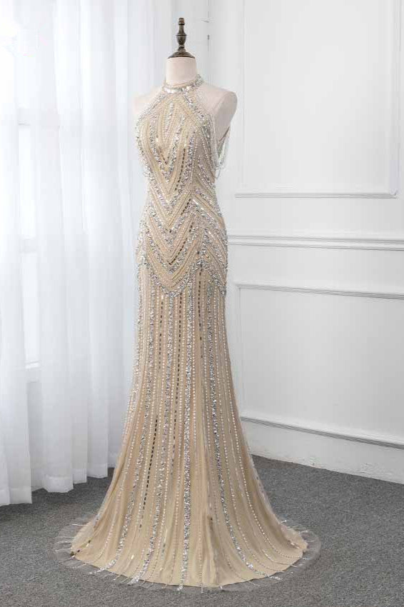 Gorgeous High-Neck Sleeveless Mermaid Prom Dresses with Rhinestoes - Fashionpara