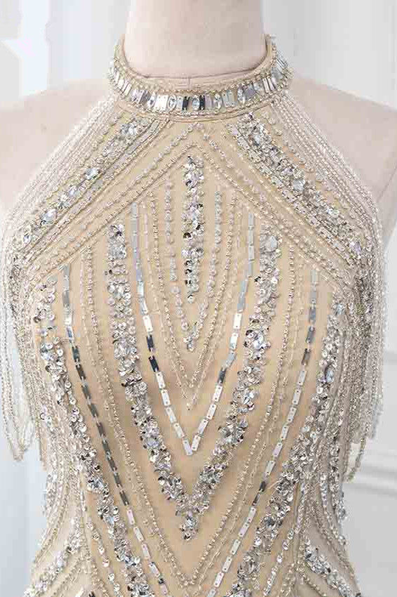 Gorgeous High-Neck Sleeveless Mermaid Prom Dresses with Rhinestoes - Fashionpara