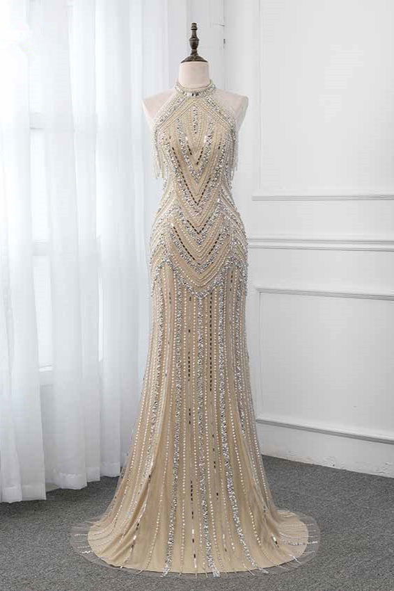 Gorgeous High-Neck Sleeveless Mermaid Prom Dresses with Rhinestoes - Fashionpara