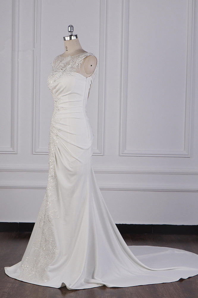 Gorgeous Jewel Mermaid Satin Wedding Dress Sleeveless Ruffles Appliques Beadings Bridal Gowns - Fashionpara
