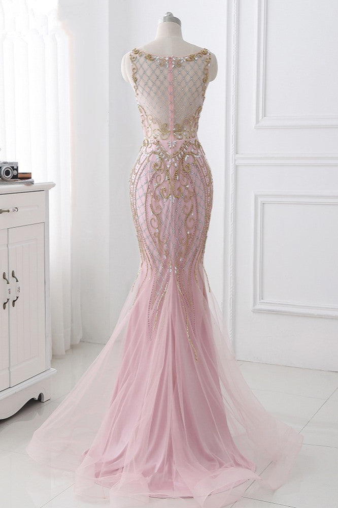Gorgeous Jewel Pink Tulle Prom Dresses Mermaid Rhinestones Appliques Formal Dresses On Sale - Fashionpara