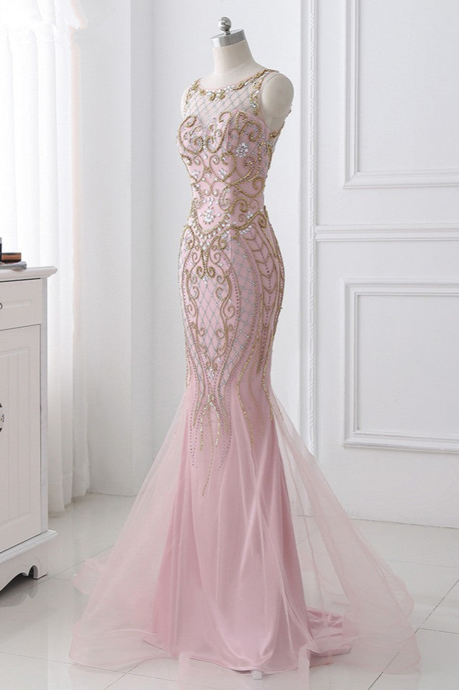 Gorgeous Jewel Pink Tulle Prom Dresses Mermaid Rhinestones Appliques Formal Dresses On Sale - Fashionpara