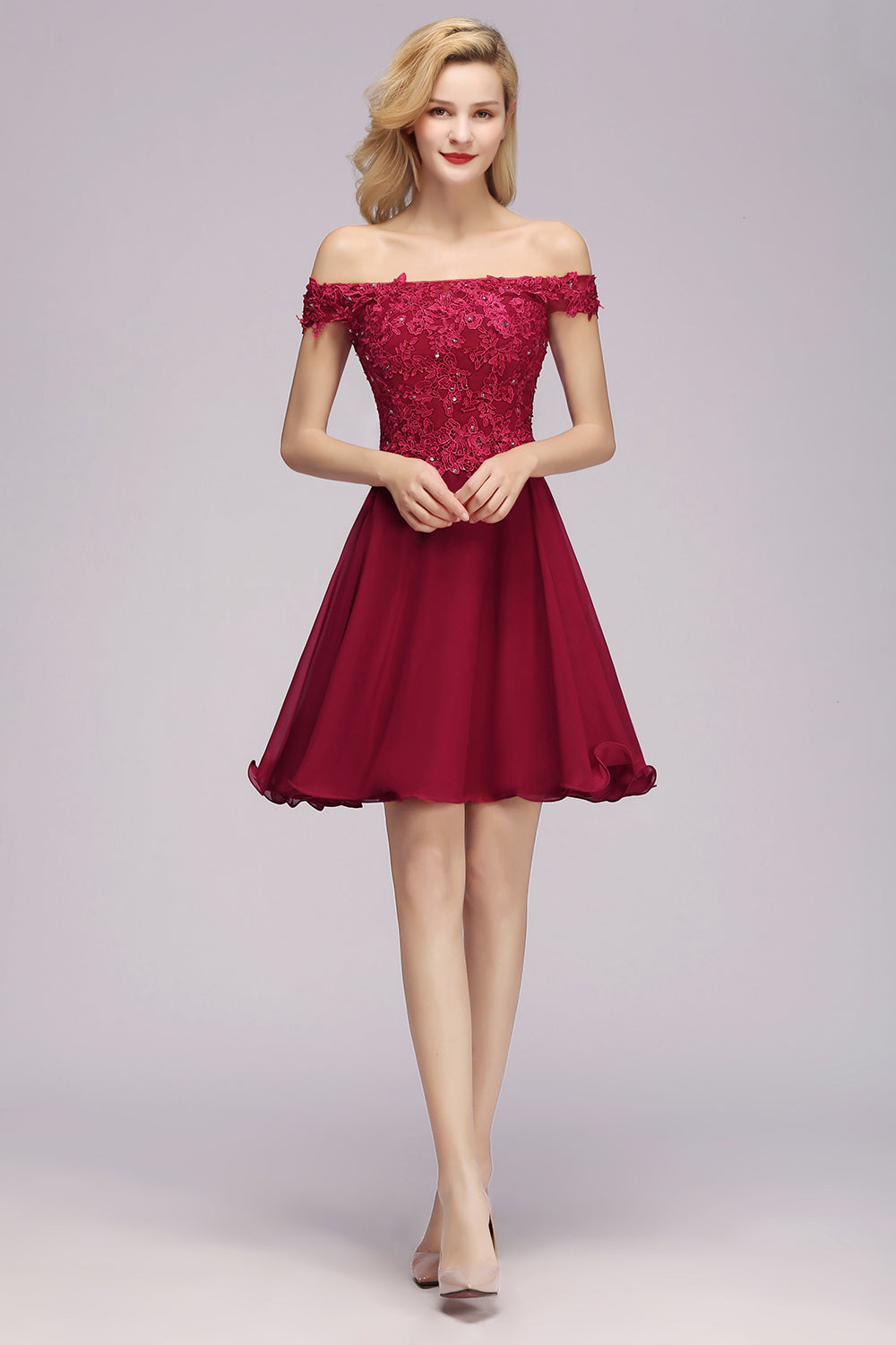 Gorgeous Lace Off-the-shoulder Short Burgundy Bridesmaid dresses - Fashionpara