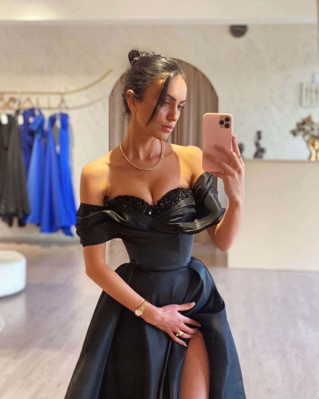 A-line Gorgeous Long Black Off-the-shoulder Prom Dress With Beadings - Fashionpara