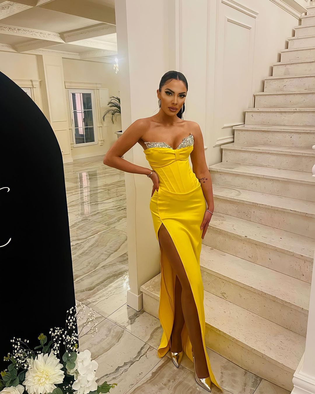Sexy Yellow Mermaid Strapless Floor-Length Prom Dress With Slit - Fashionpara
