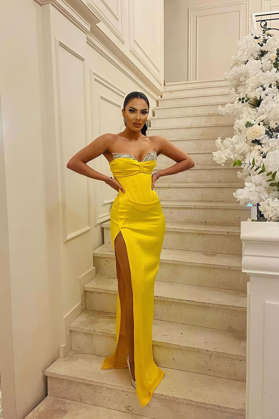 Sexy Yellow Mermaid Strapless Floor-Length Prom Dress With Slit - Fashionpara
