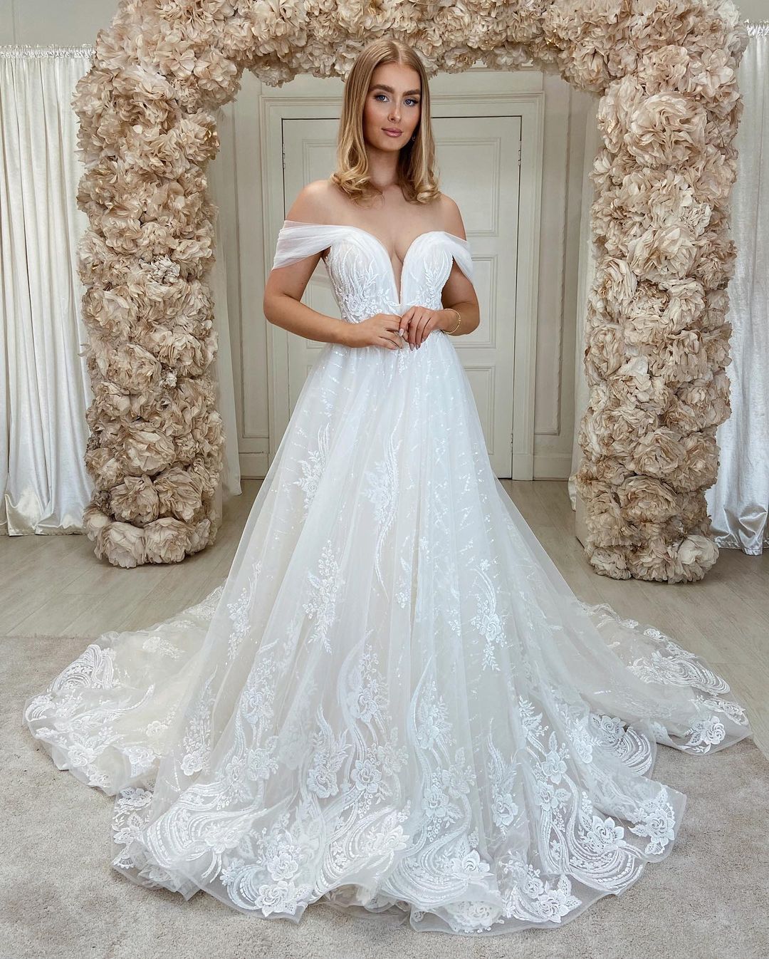 Gorgeous Off-the-Shoulder Lace Wedding Dress On Sale - Fashionpara