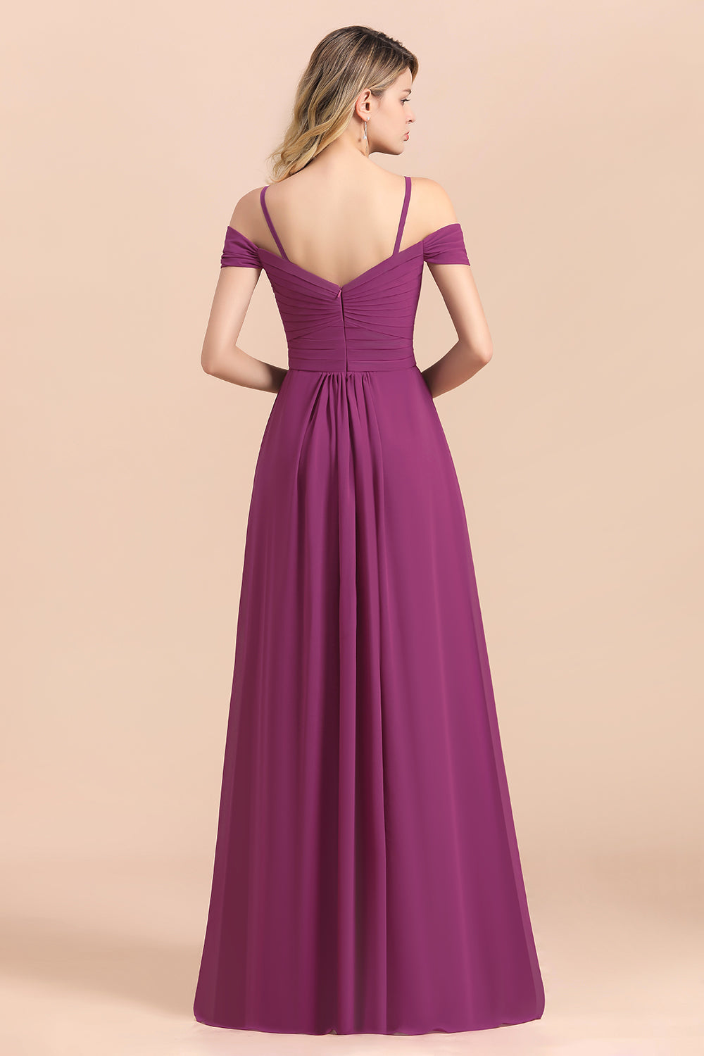 Gorgeous Off-the-Shoulder Ruffle Orchid Bridesmaid Dresses with Slit - Fashionpara