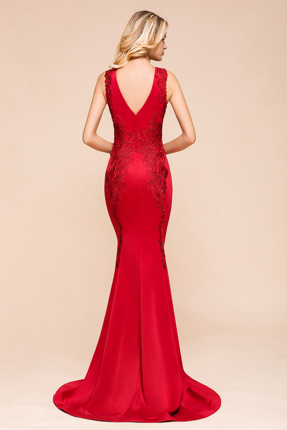 Gorgeous Red Mermaid V-Neck Prom Dress Long With Lace Appliques - Fashionpara