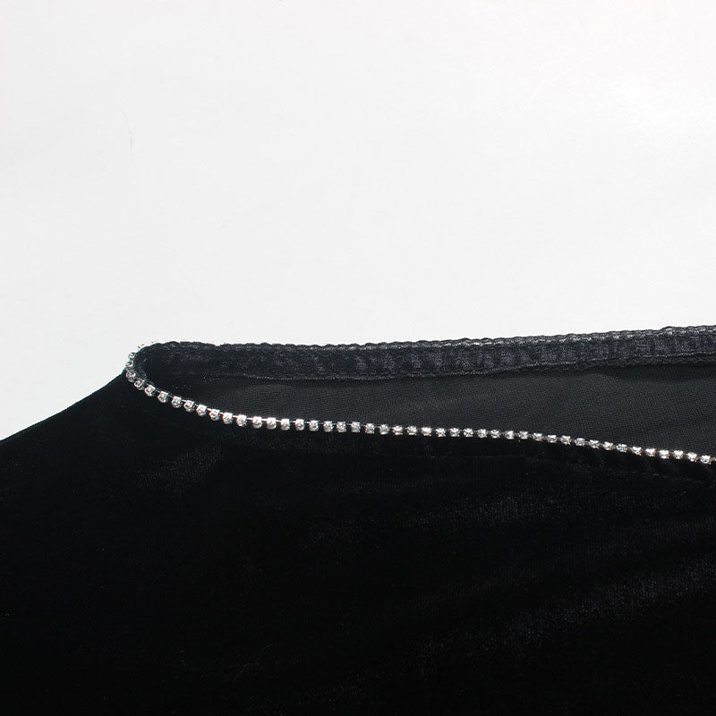 Rhinestone Trim High Split Boat Neck Long Sleeve Maxi Dress - Black - View 3
