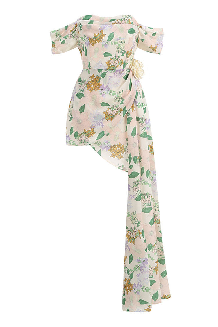 Gorgeous Rosette Printed Cowl Neck Off Shoulder Draped Party Mini Dress - Fashionpara