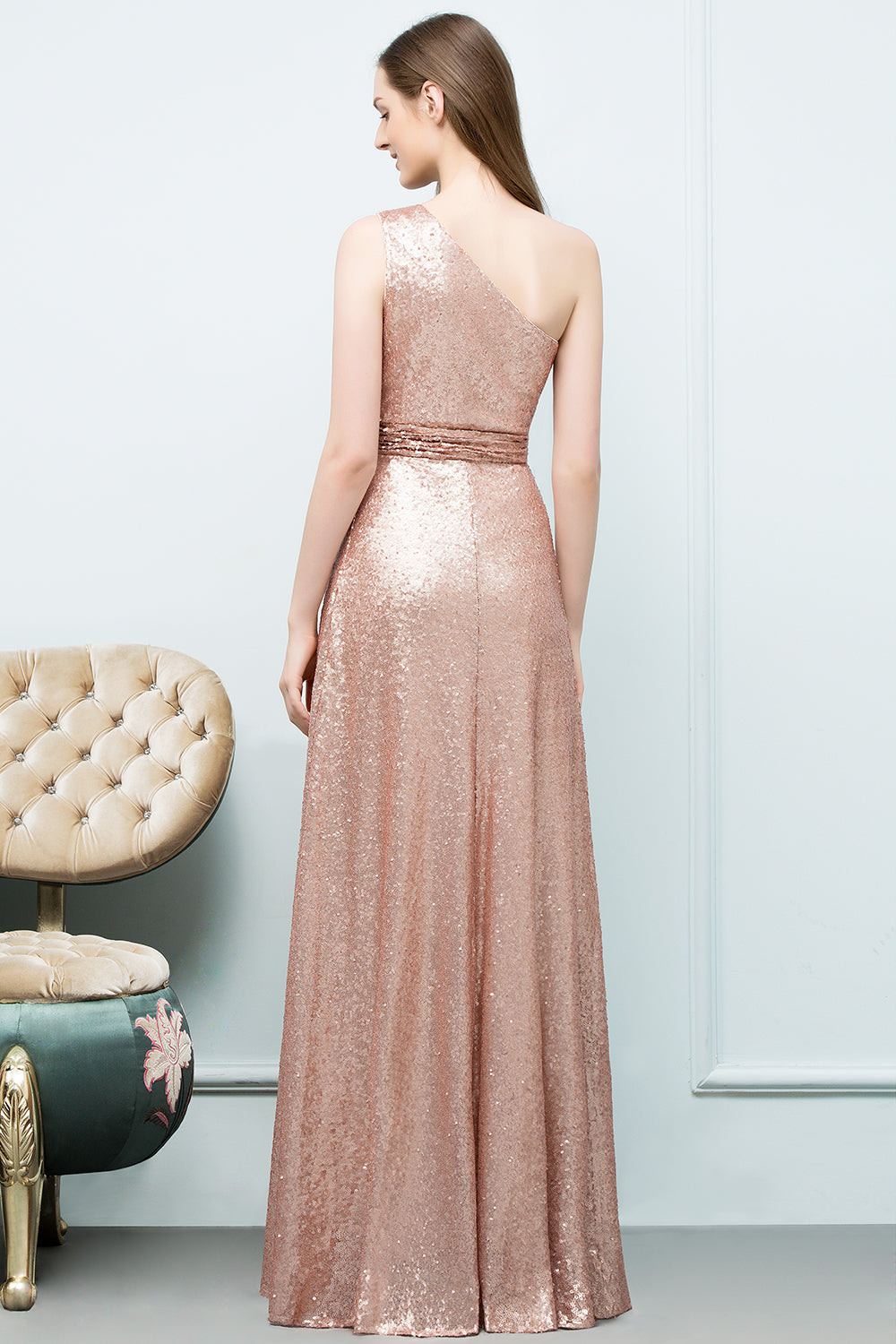 Gorgeous Sequined One-shoulder Bridesmaid Dresses with Ruffles - Fashionpara