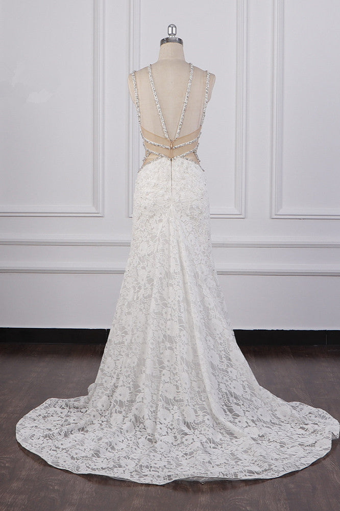 Gorgeous Sleeveless Lace Beadings Wedding Dress Appliques Rhinestones Bridal Gowns - Fashionpara