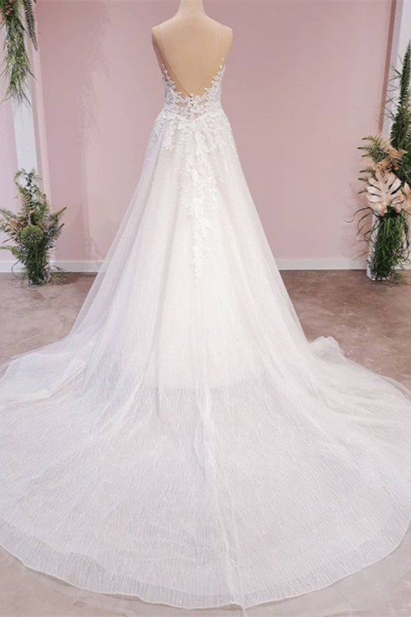 Gorgeous Sleeveless Tulle Wedding Dress With Lace Appliques - Fashionpara