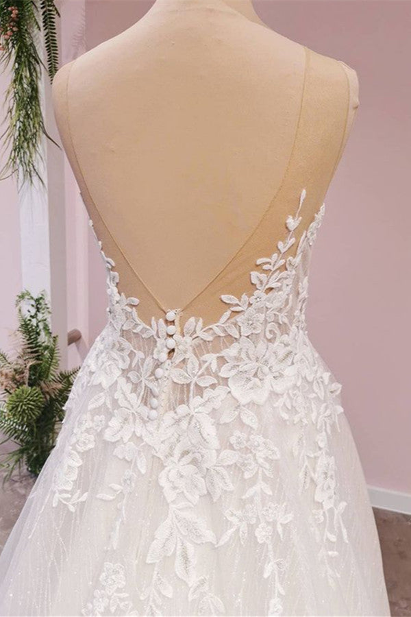 Gorgeous Sleeveless Tulle Wedding Dress With Lace Appliques - Fashionpara