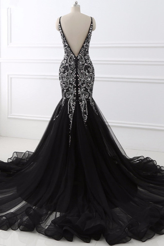 Gorgeous Spaghetti Straps Black Mermaid Prom Dresses with Rhinestones - Fashionpara
