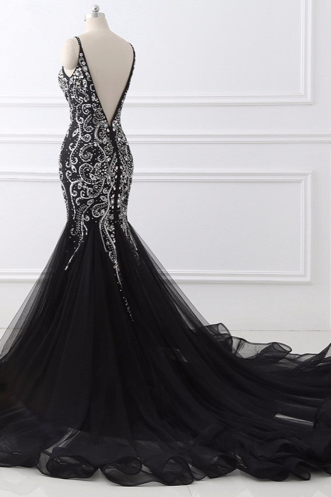 Gorgeous Spaghetti Straps Black Mermaid Prom Dresses with Rhinestones - Fashionpara