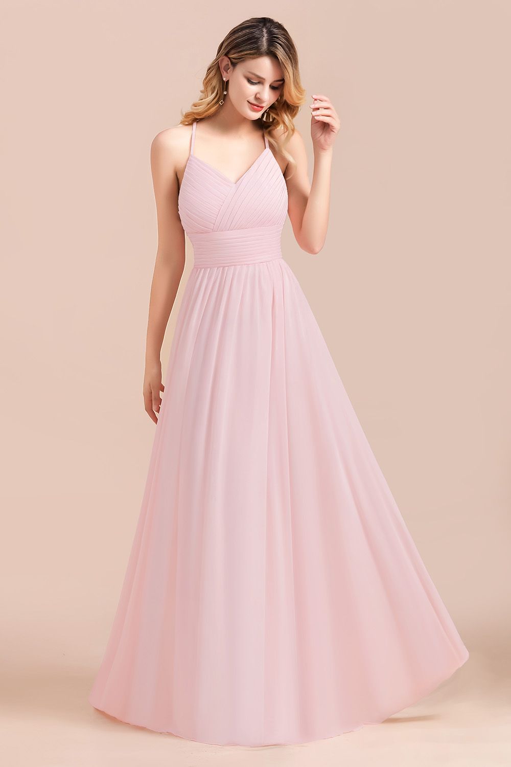 Gorgeous Spaghetti Straps Ruffle Pink Chiffon Bridesmaid Dresses Affordable - Fashionpara