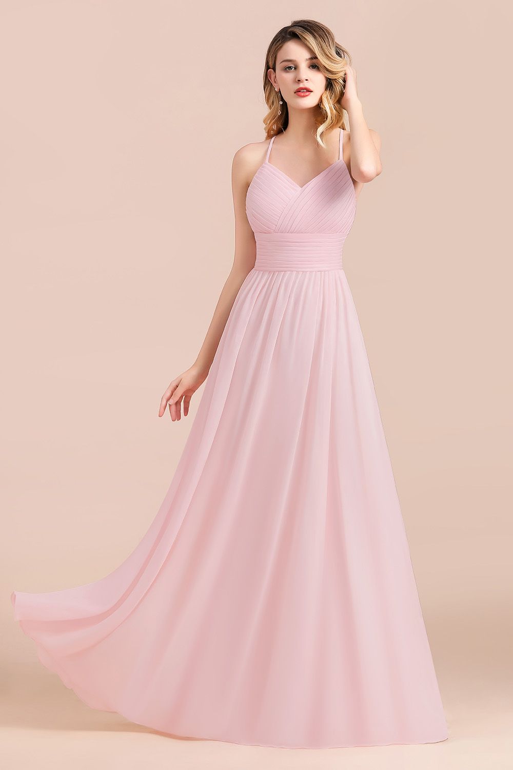 Gorgeous Spaghetti Straps Ruffle Pink Chiffon Bridesmaid Dresses Affordable - Fashionpara