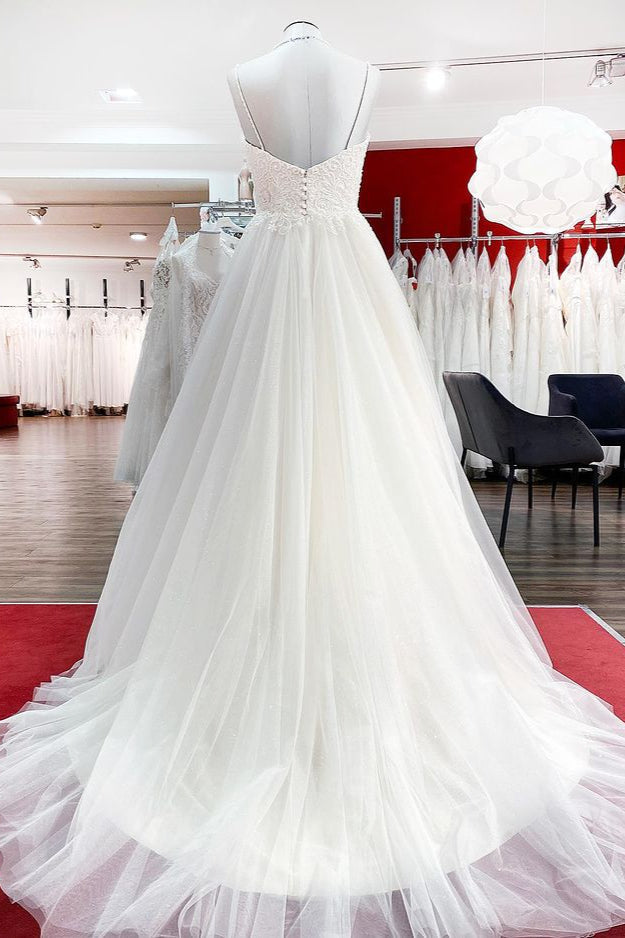 Gorgeous Spaghetti Straps Tulle Ivory Lace Wedding Dresses - Fashionpara