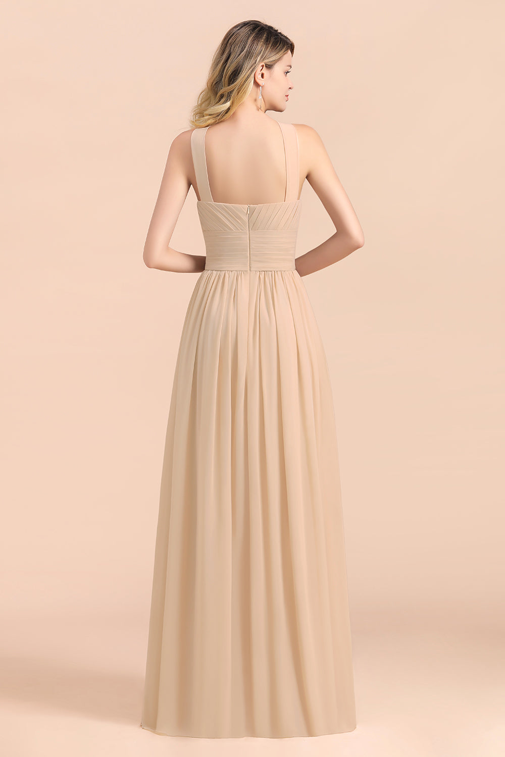 Gorgeous Straps Sleeveless Champagne Chiffon Affordable Bridesmaid dresses with Ruffle - Fashionpara