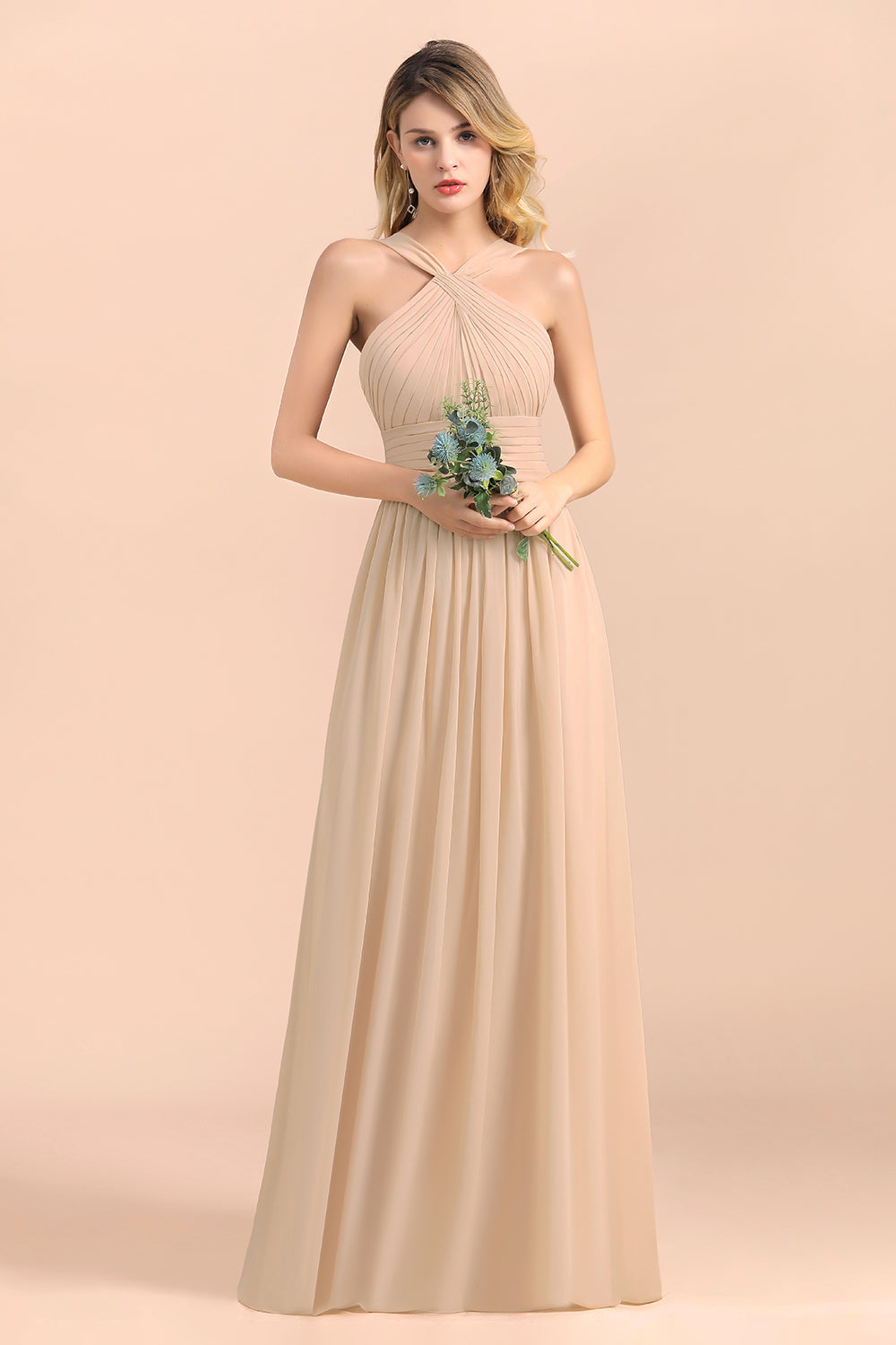 Gorgeous Straps Sleeveless Champagne Chiffon Affordable Bridesmaid dresses with Ruffle - Fashionpara
