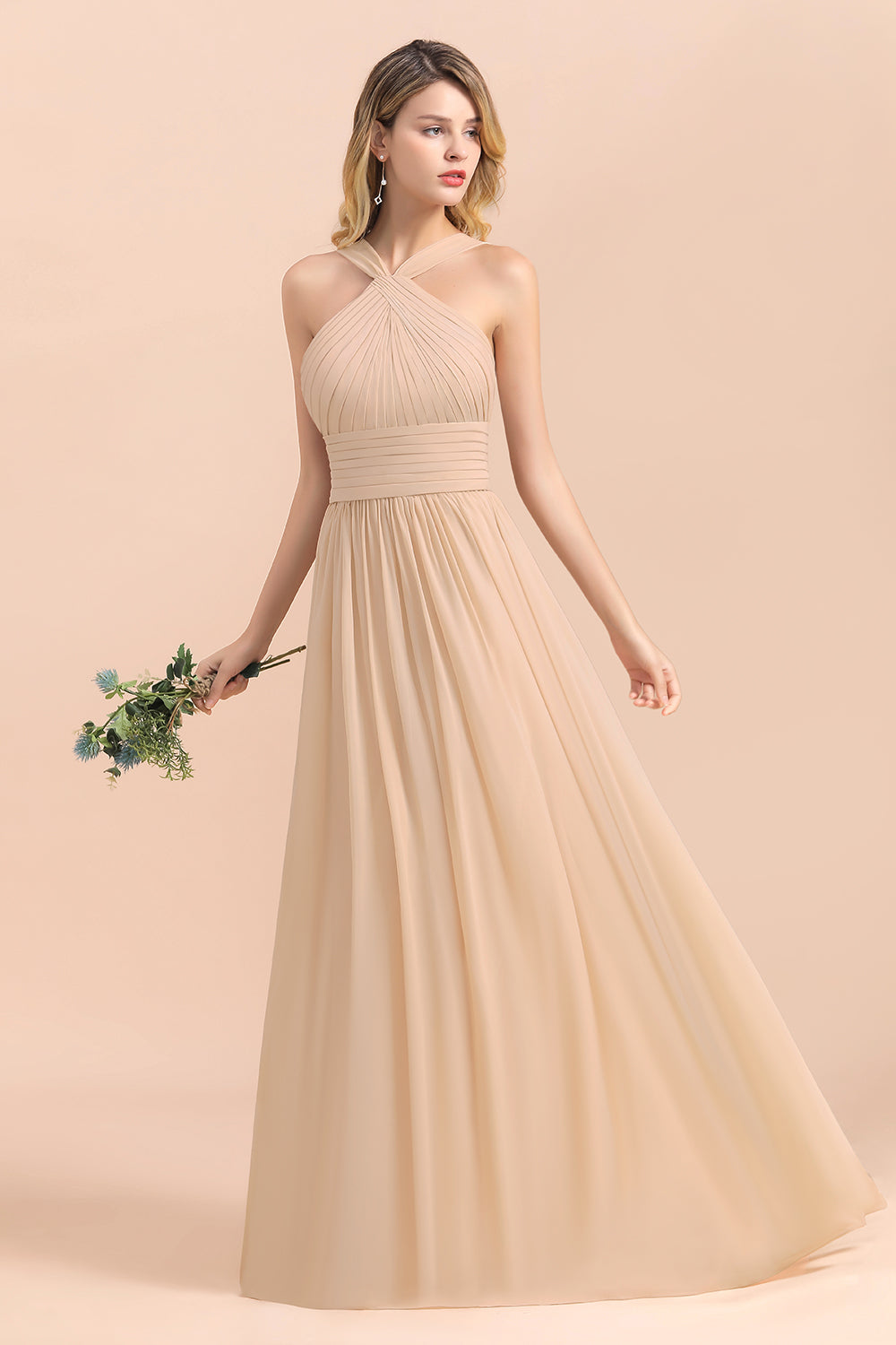 Gorgeous Straps Sleeveless Champagne Chiffon Affordable Bridesmaid dresses with Ruffle - Fashionpara