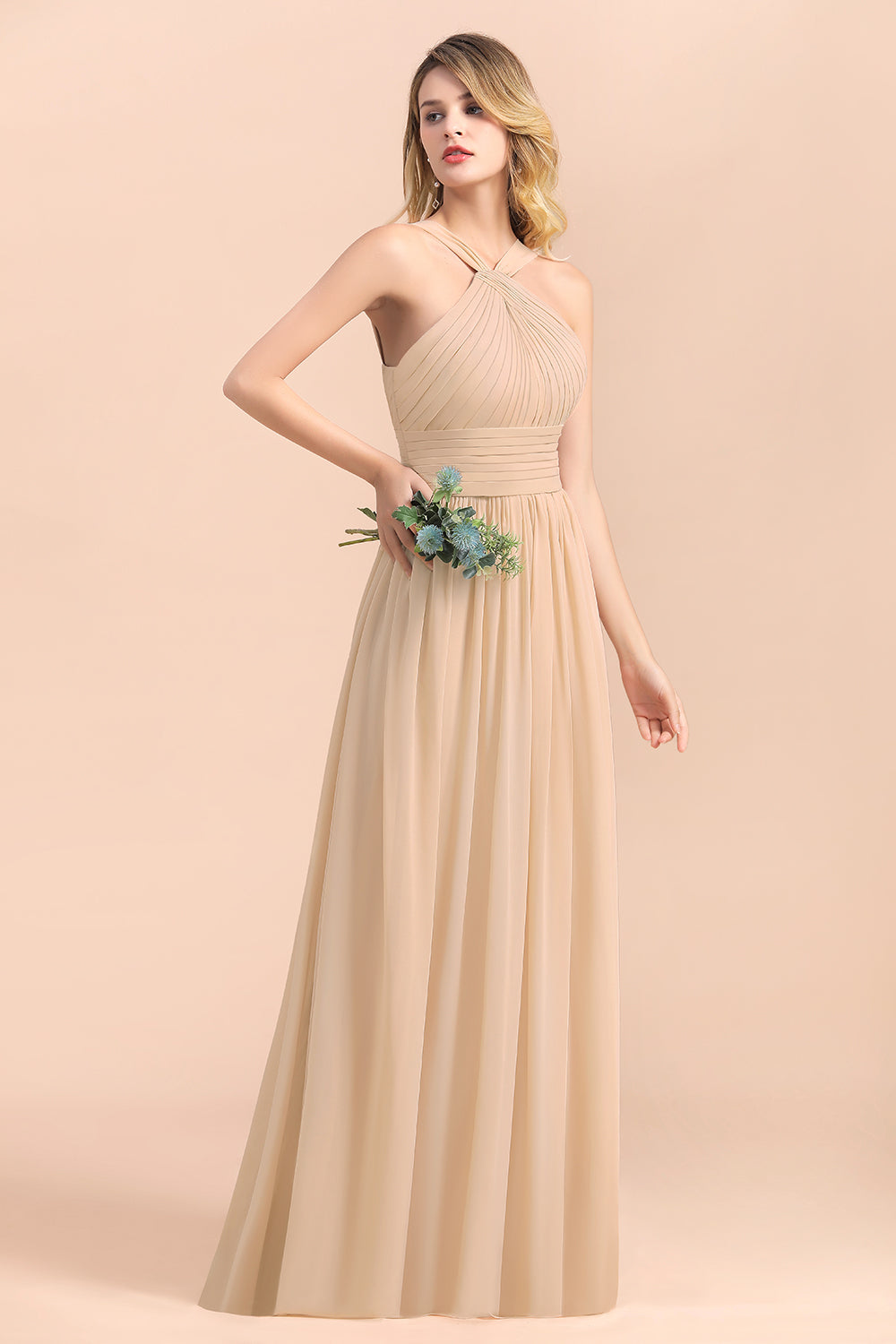 Gorgeous Straps Sleeveless Champagne Chiffon Affordable Bridesmaid dresses with Ruffle - Fashionpara