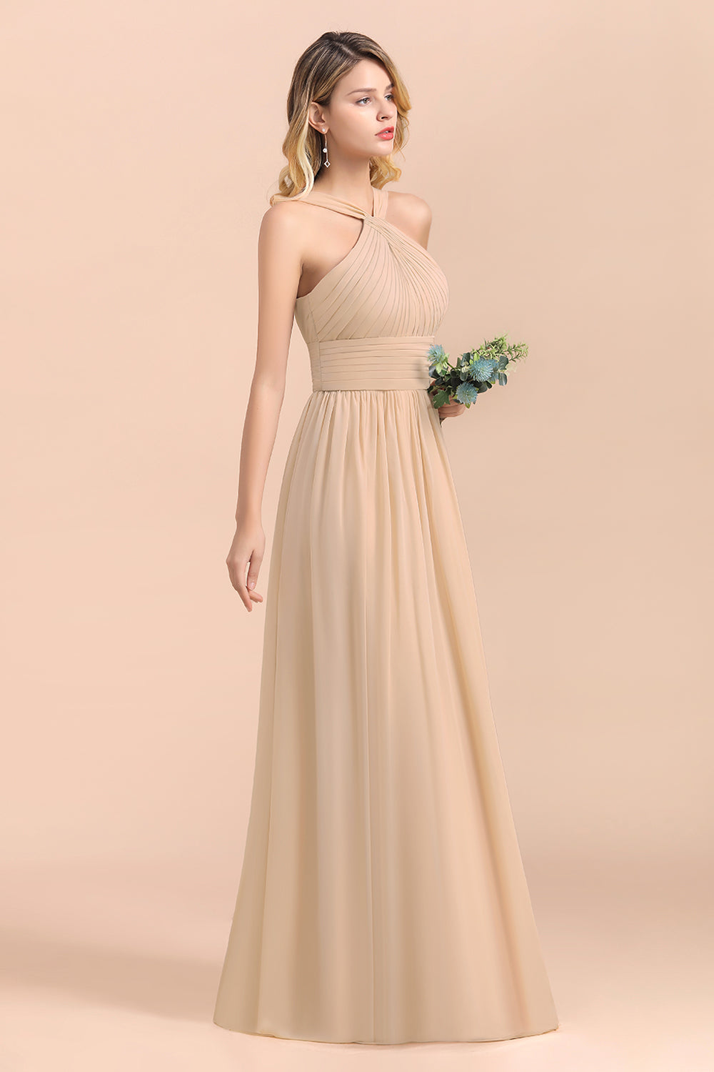 Gorgeous Straps Sleeveless Champagne Chiffon Affordable Bridesmaid dresses with Ruffle - Fashionpara