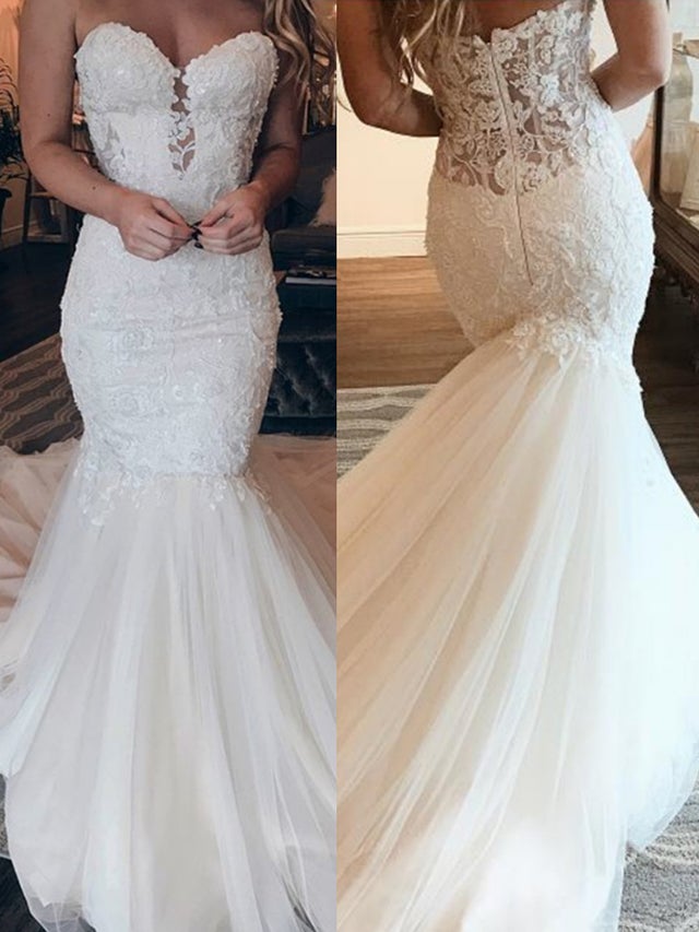 Gorgeous Sweetheart Lace Wedding Dress Mermaid Tulle Skirt - Fashionpara