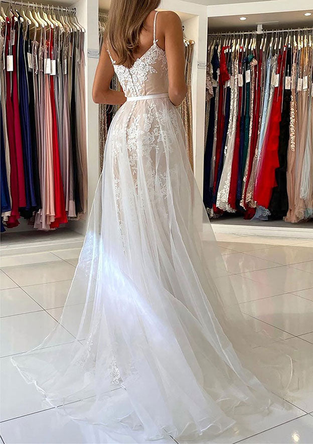 Gorgeous Trumpet/Mermaid Laced Tulle Prom Dress/Evening Dress With Spaghetti Straps and Waistband - Fashionpara