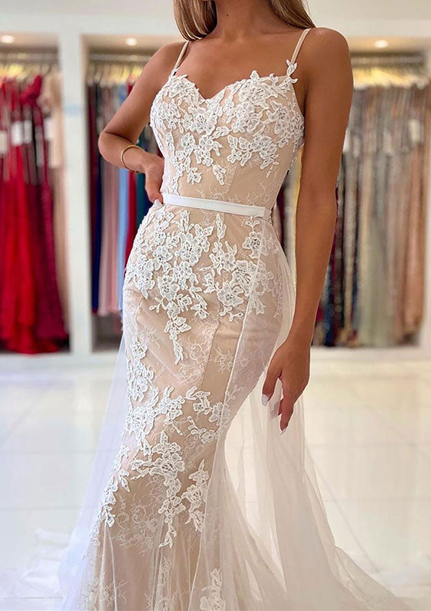 Gorgeous Trumpet/Mermaid Laced Tulle Prom Dress/Evening Dress With Spaghetti Straps and Waistband - Fashionpara