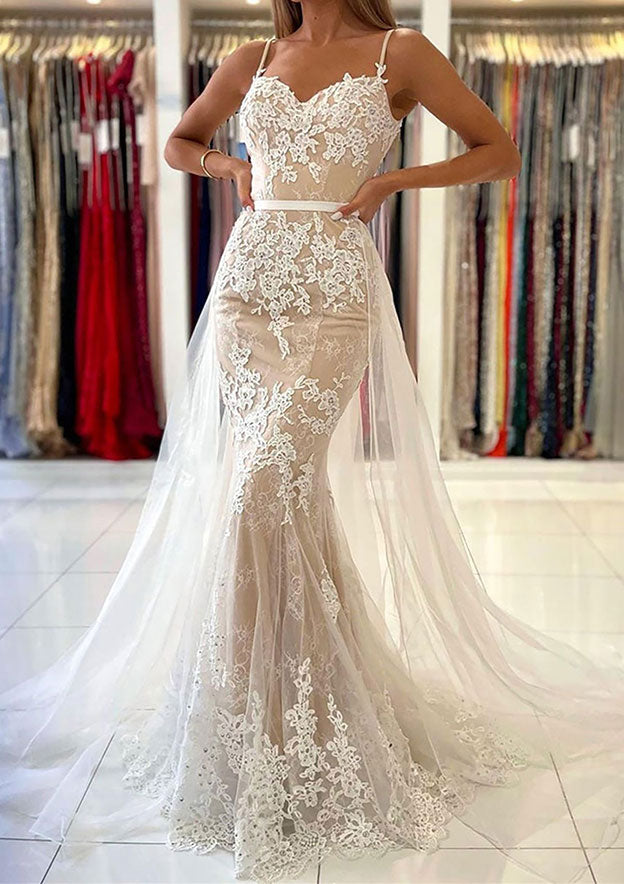 Gorgeous Trumpet/Mermaid Laced Tulle Prom Dress/Evening Dress With Spaghetti Straps and Waistband - Fashionpara