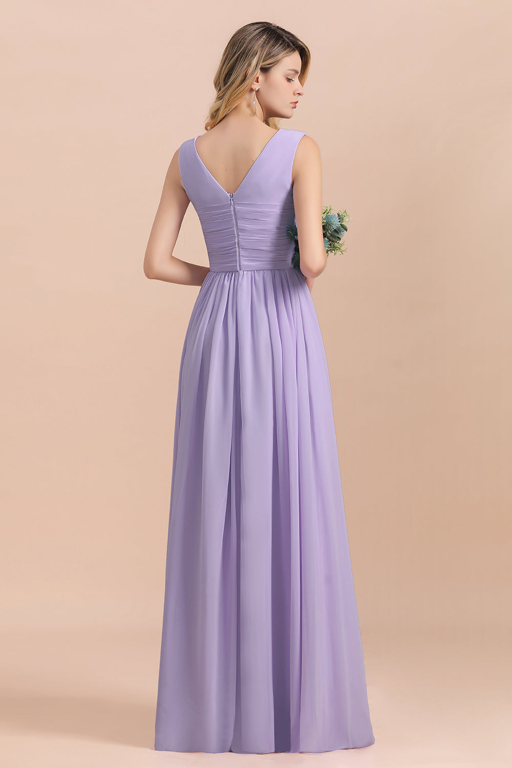Gorgeous V-Neck Ruffle Lilac Chiffon Affordable Bridesmaid Dresses with Ruffle - Fashionpara