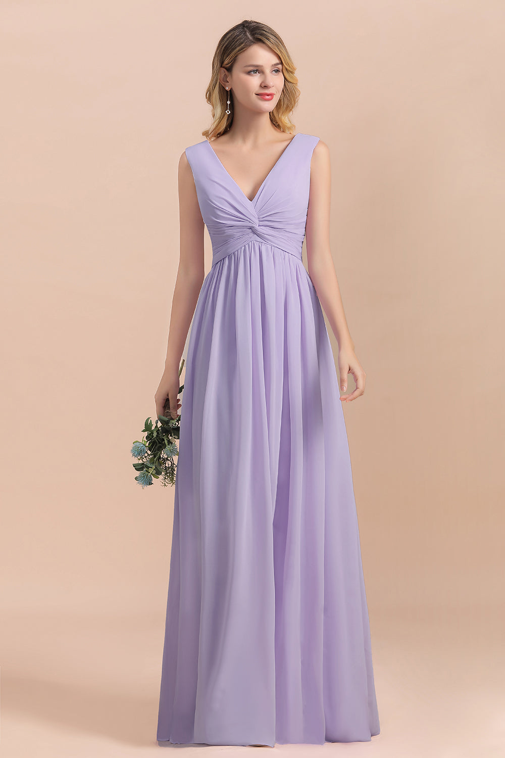 Gorgeous V-Neck Ruffle Lilac Chiffon Affordable Bridesmaid Dresses with Ruffle - Fashionpara