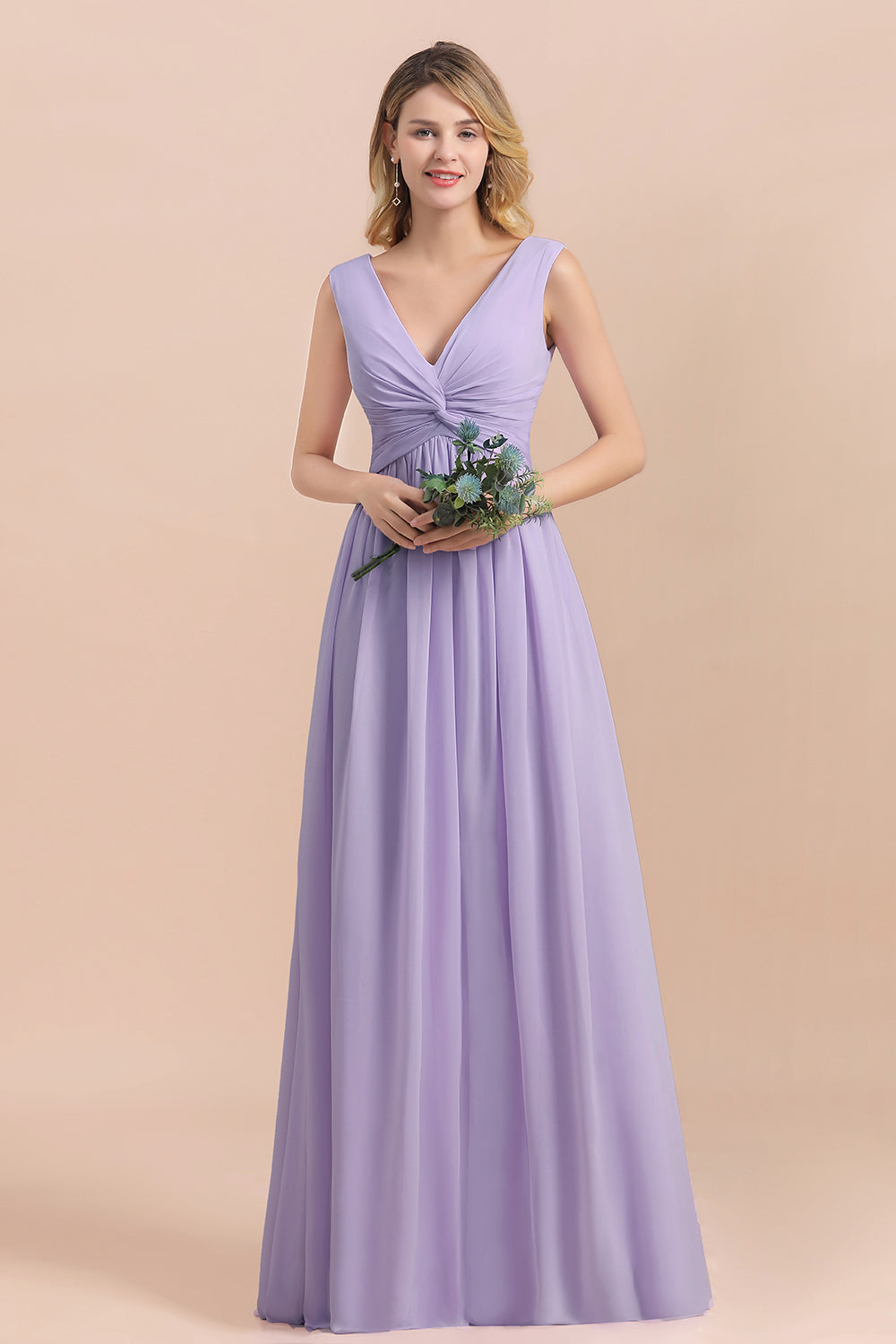 Gorgeous V-Neck Ruffle Lilac Chiffon Affordable Bridesmaid Dresses with Ruffle - Fashionpara