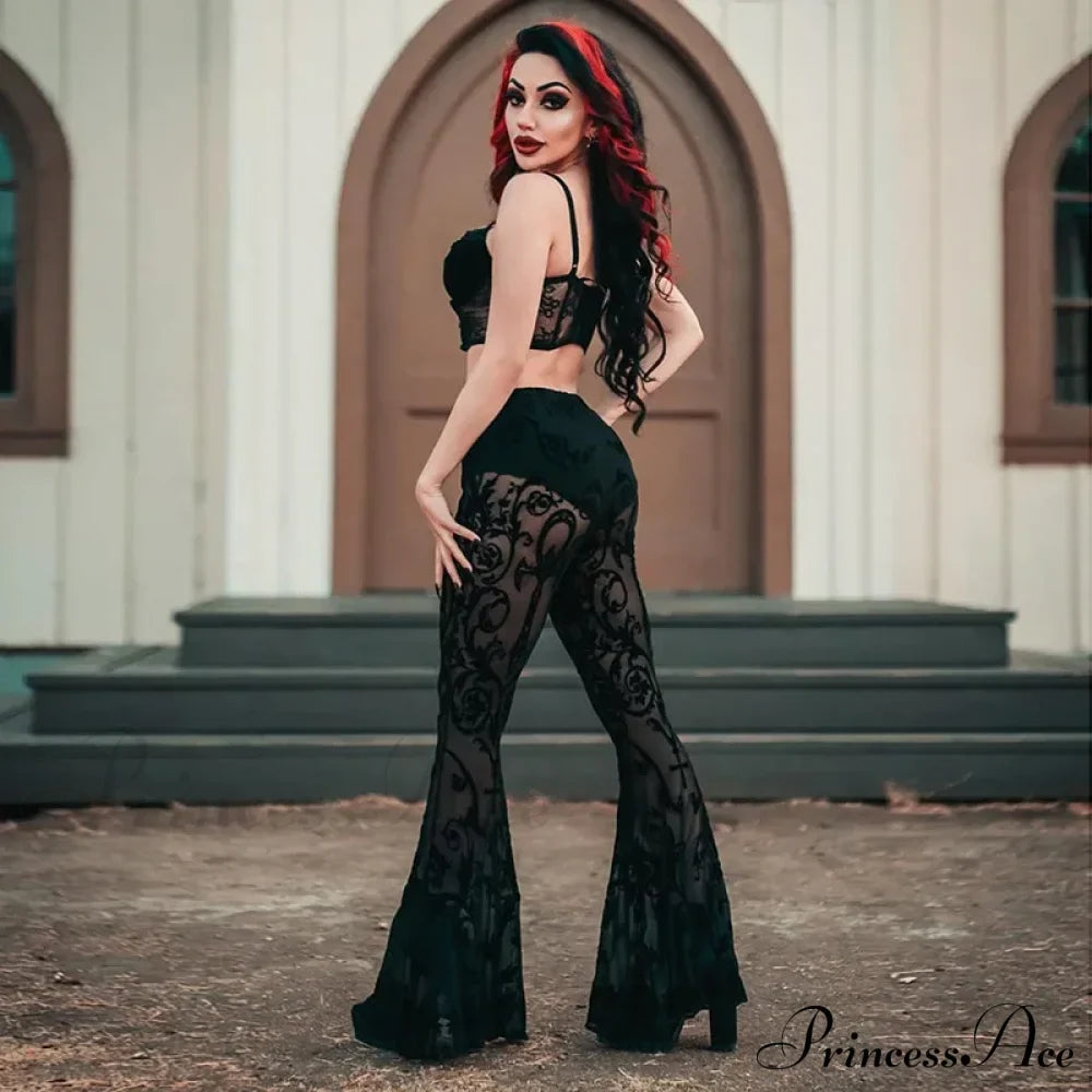 Goth Aesthetic Black Flared Pants Harajuku Sexy See Through Pants