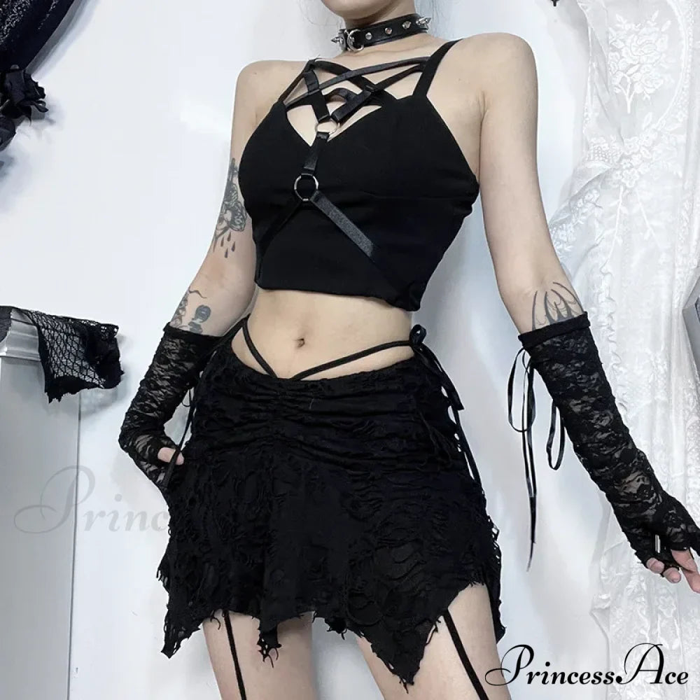 Goth Black Holes Lace-up Mini Sexy Vintage Folds Irregular Bodycon Short Women New Fashion Skirt