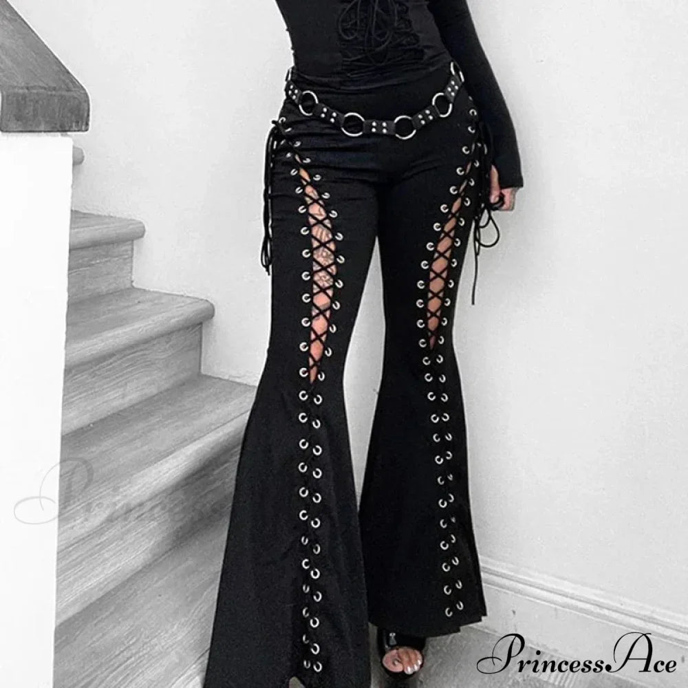 Goth Dark Grunge Streetwear Black Bandage Pants Hollow Flare Pants