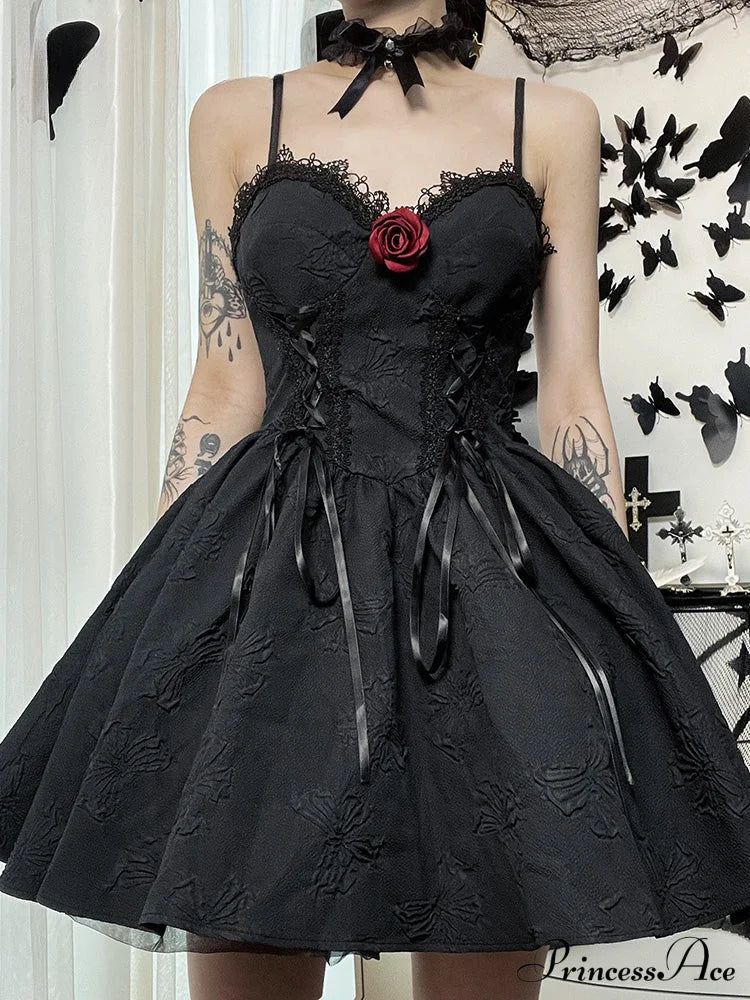 Goth Print Rose Lace Up A Line Fairy Grunge Backless V Neck Summer Party Dress