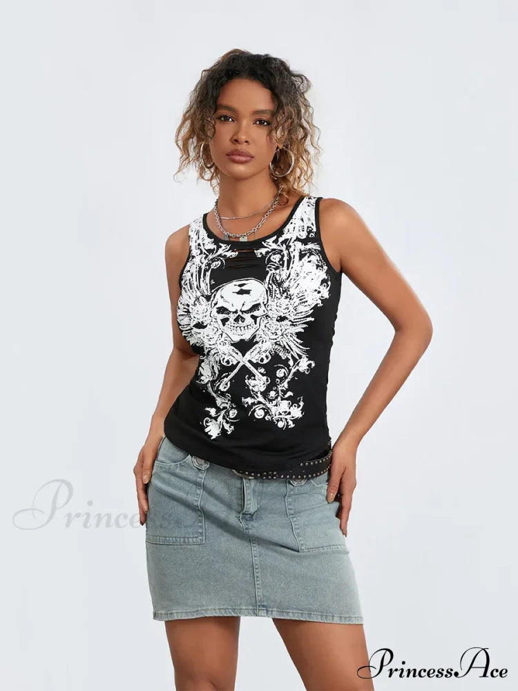 Goth Tank Fairy Grunge Skull Print Hollow-Out Sleeveless Summer Running Crop Top