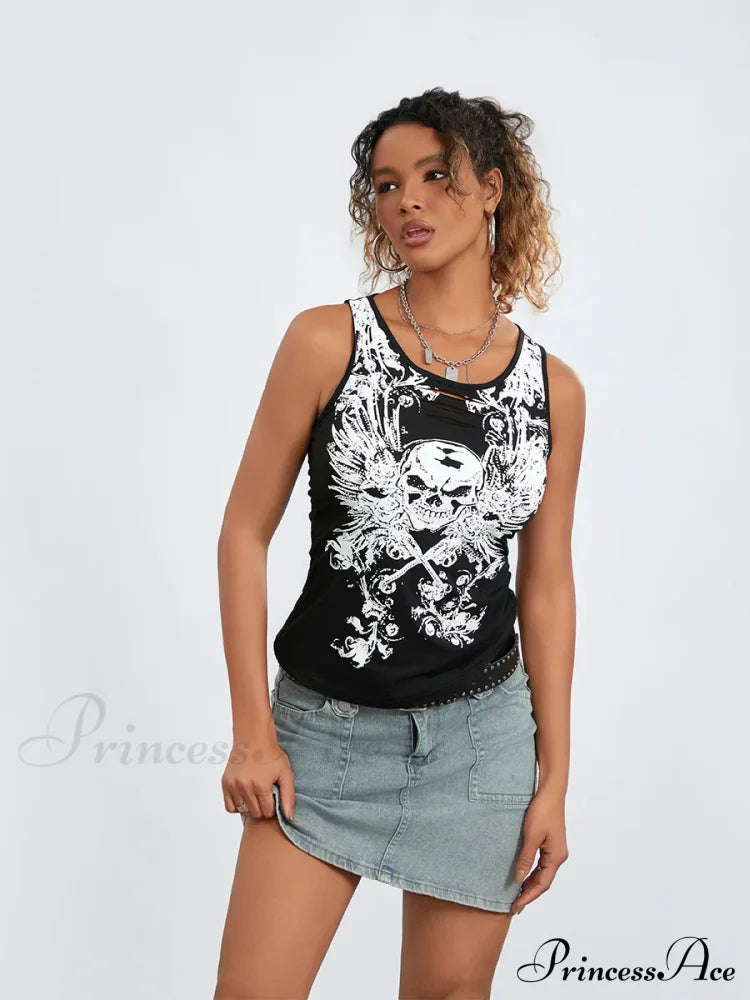 Goth Tank Fairy Grunge Skull Print Hollow-Out Sleeveless Summer Running Crop Top