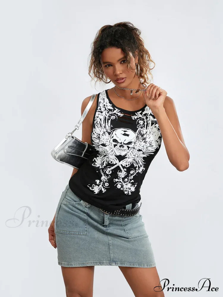 Goth Tank Fairy Grunge Skull Print Hollow-Out Sleeveless Summer Running Crop Top