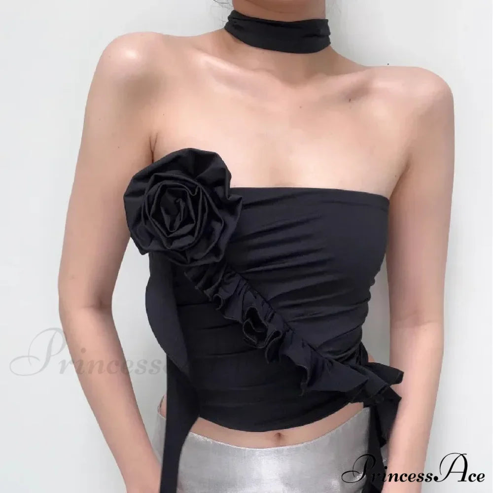 Gothic Backless Aesthetic Flower Ruffles  Off Shoulder Crop Top