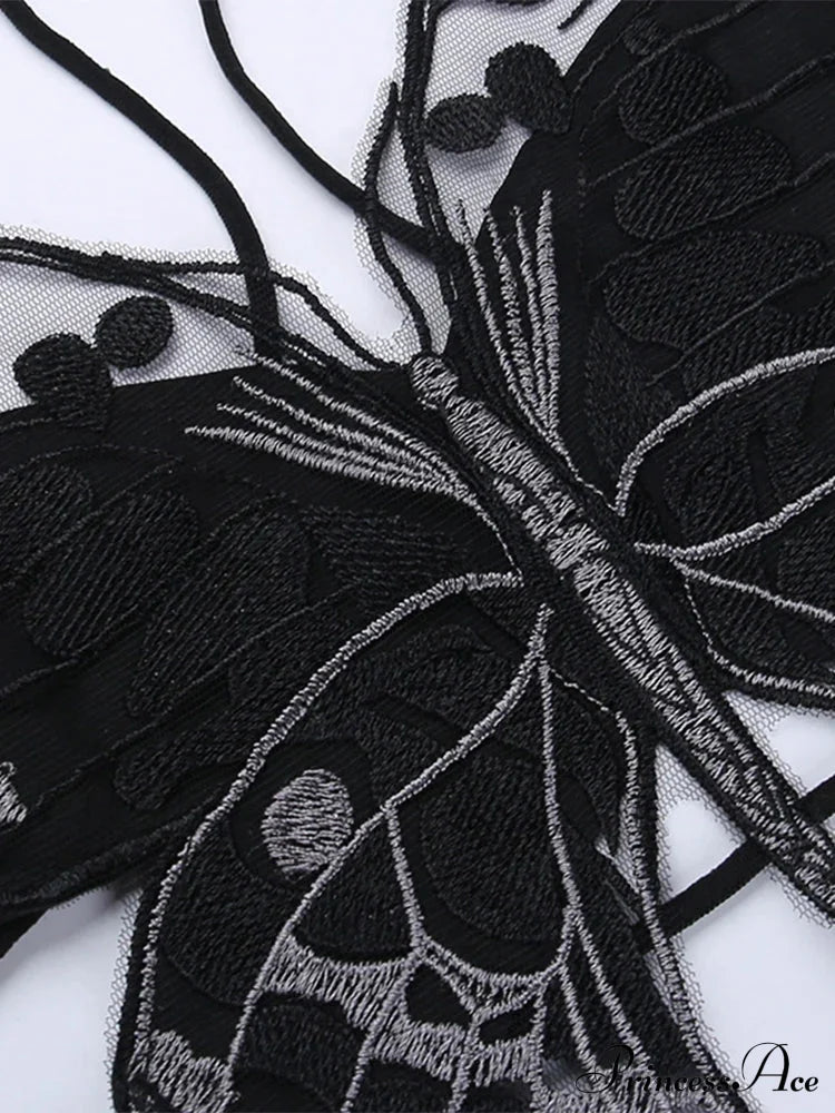 Gothic Backless Hollow Out Lace Butterfly Summer Streetwear Crop Top