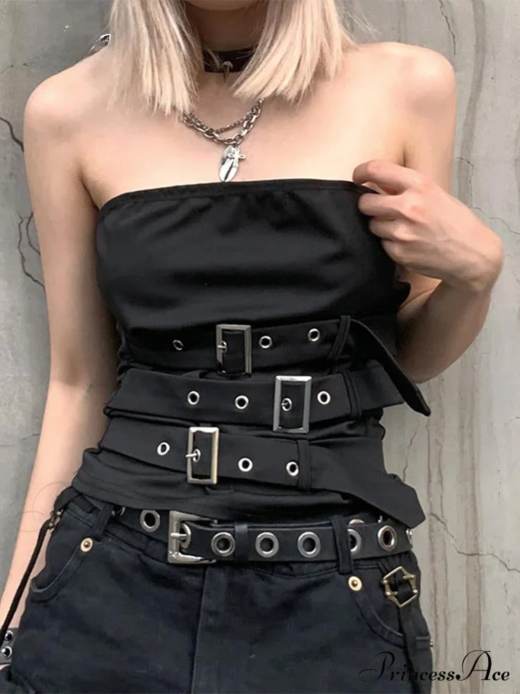 Gothic Eyelet Bandage Design Punk Black Sleeveless Crop Top