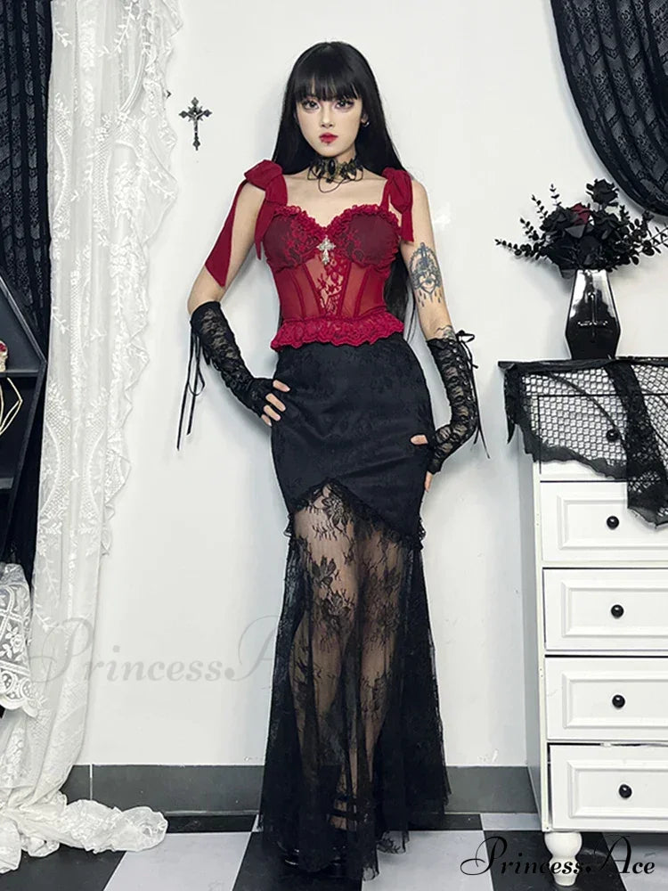 Gothic Floral Lace Mesh Corset V Neck Adjustable Strap Camisole Crop Top